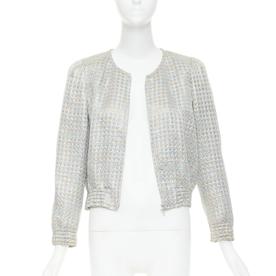 DRIES VAN NOTEN 2017 silver multicolor geometric jacquard crop jacket FR40 L