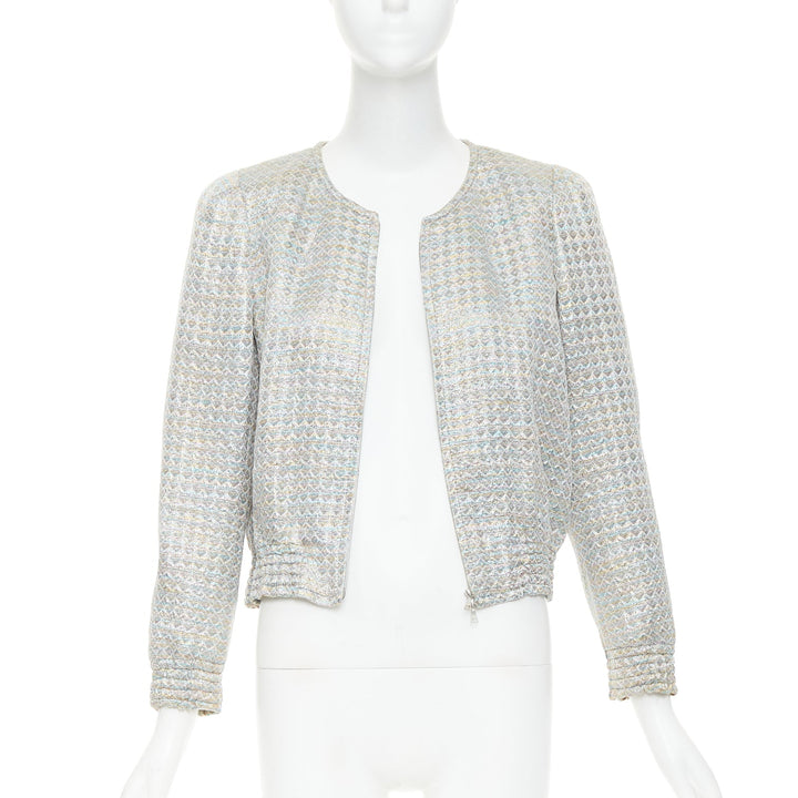 DRIES VAN NOTEN 2017 silver multicolor geometric jacquard crop jacket FR40 L