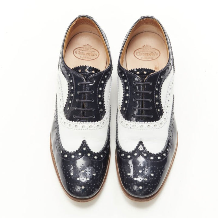 CHURCH'S Burwood black patent white perforated leather brogue EU36