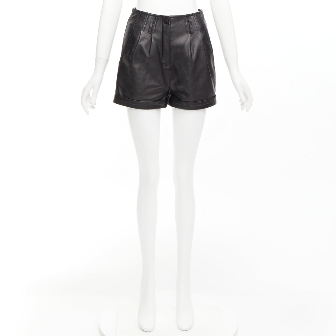 SAINT LAURENT 2020 black lambskin leather high waist pleated wide shorts FR34 XS