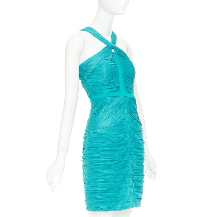 BURBERRY teal blue silk pleated satin front halter mini dress