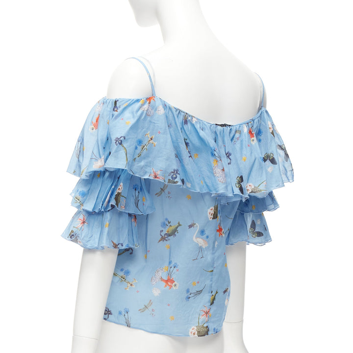VIVETTA blue cotton animal floral print tiered bell sleeves strappy top IT40 S