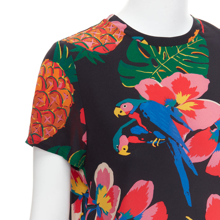 VALENTINO Tropical Couture 100% silk black parrot floral print crew top M
