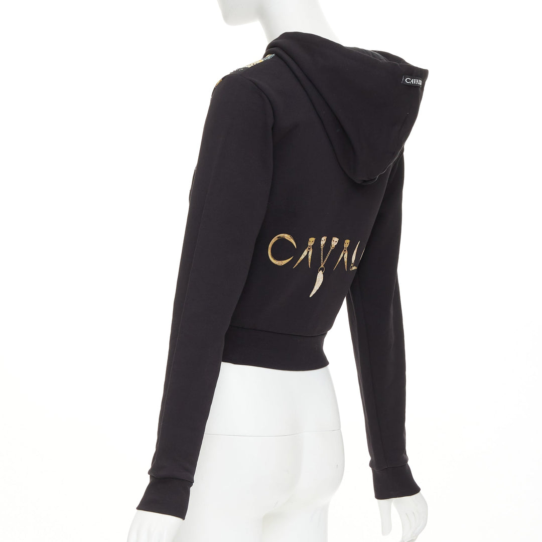 ROBERTO CAVALLI Snake And Logo-Print black cotton crystal embellished hoodie XS