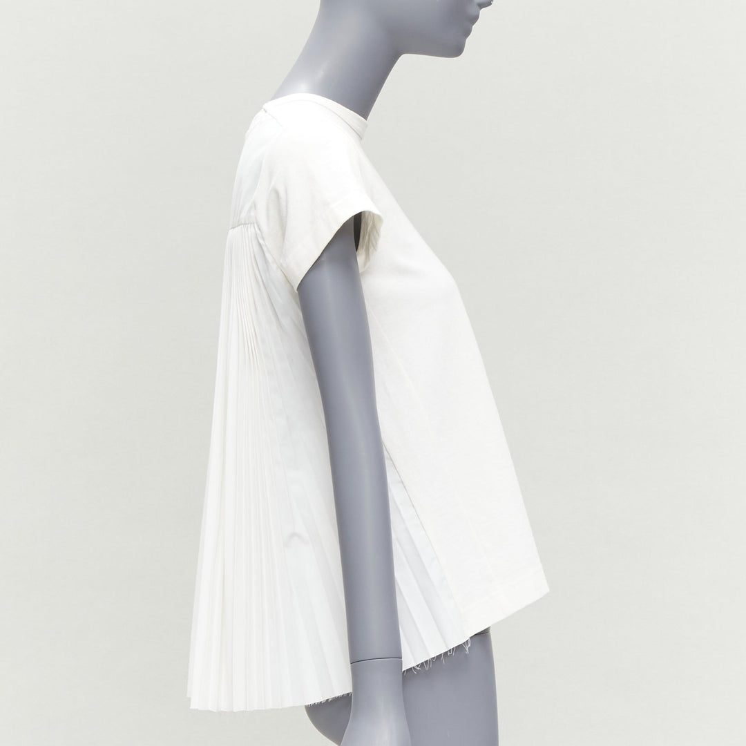SACAI 2016 cream cotton plisse pleat back zip shoulder tshirt JP2 M