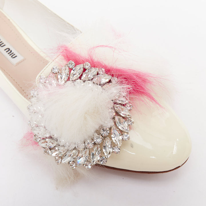 MIU MIU 2017 cream patent white pink faux fur buckle flats EU37.5