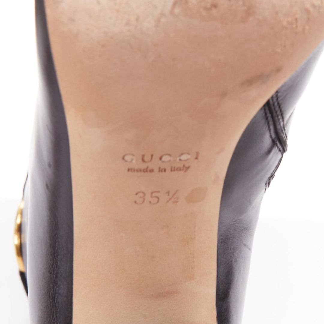 GUCCI GG Britt black leather gold GG web buckle high heel tall boots EU35.5