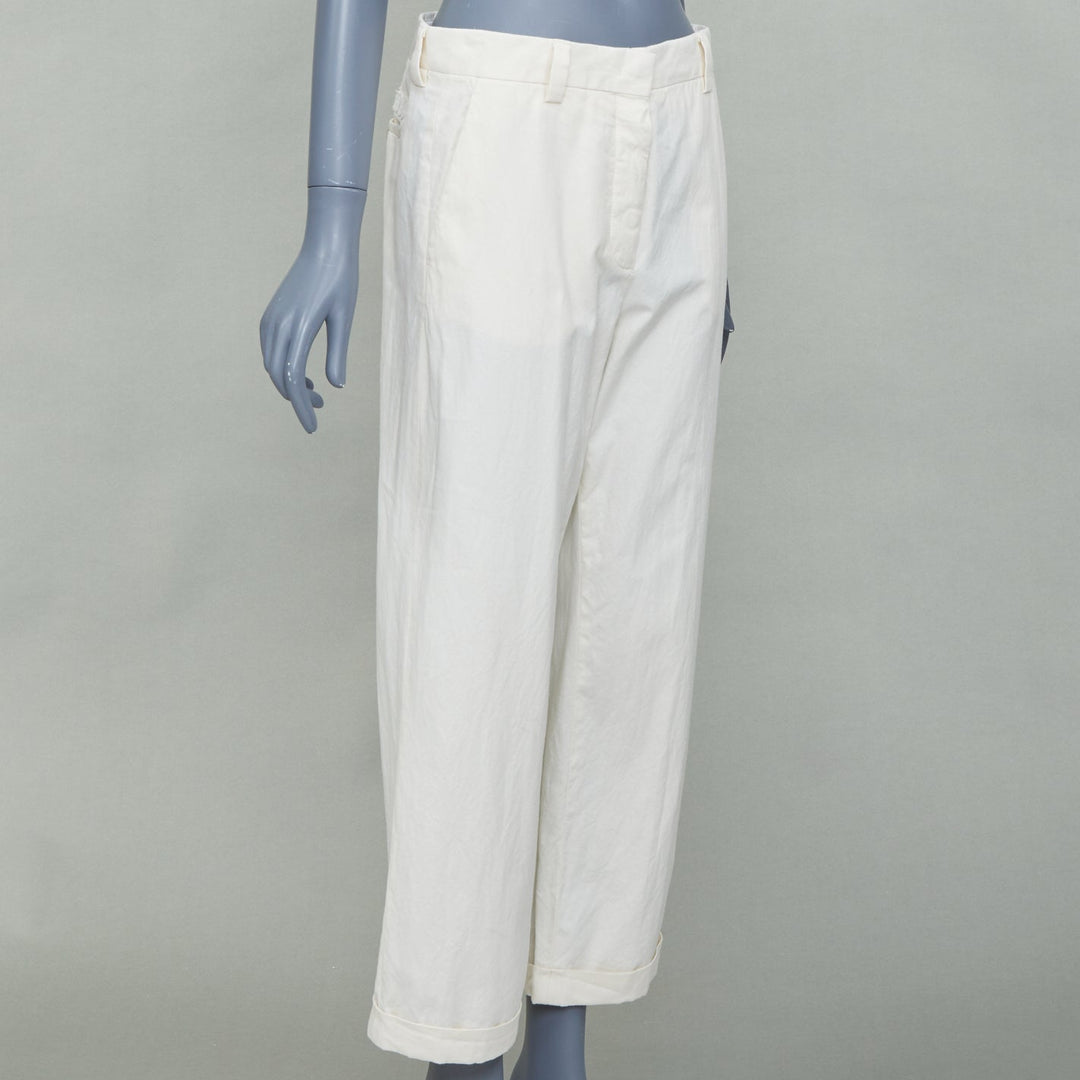 MIU MIU 2023 beige cotton back logo applique straight leg pants IT36 XXS