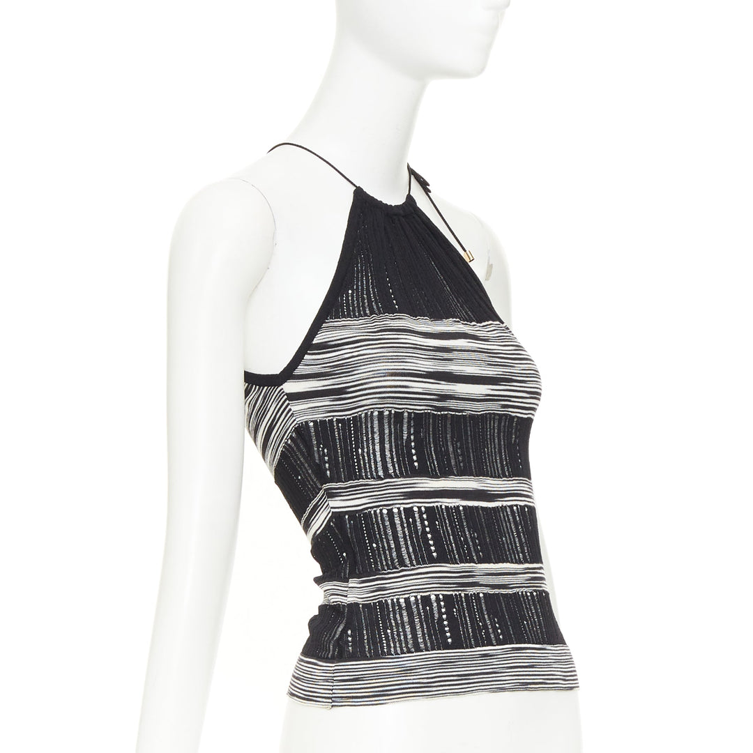 MISSONI black white cotton multi horizontal striped open knit halter top IT38 XS