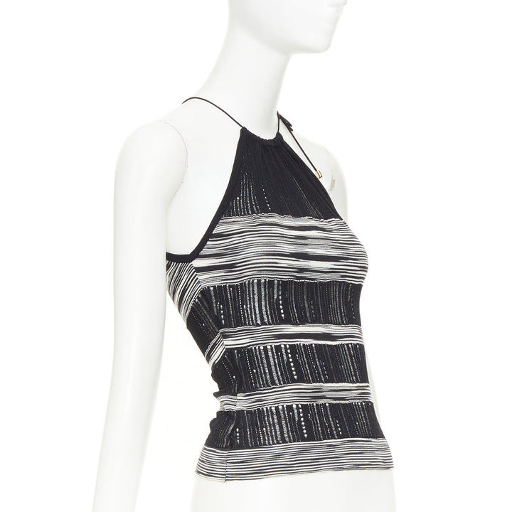 MISSONI black white cotton multi horizontal striped open knit halter top IT38 XS