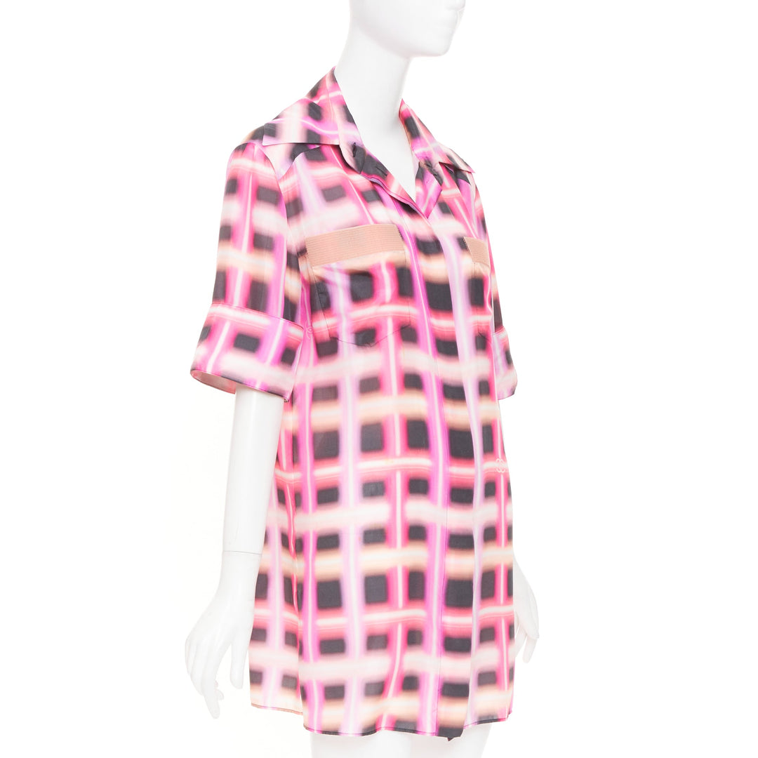 CHANEL 2017 Runway neon pink plaid digital graffiti silk blouse dress FR38 M