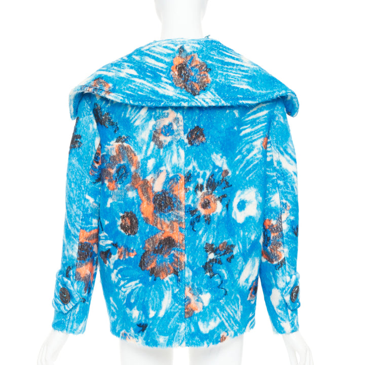 PRADA 2017 Runway blue alpaca wool abstract floral fur collar pea coat IT36 XS