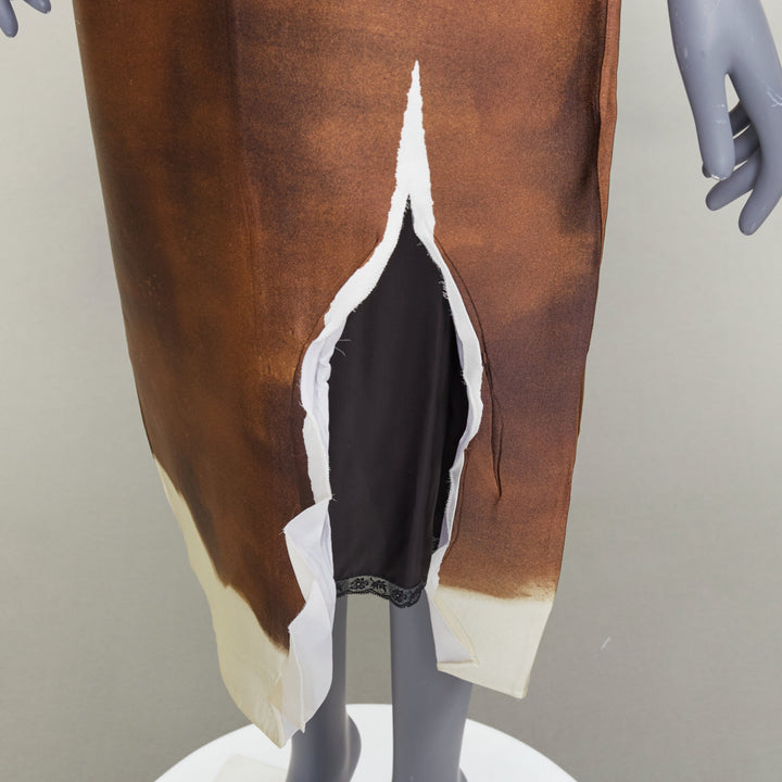 PRADA 2022 Runway brown cream silk blend tie dye trompe loeil slit dress IT38 XS