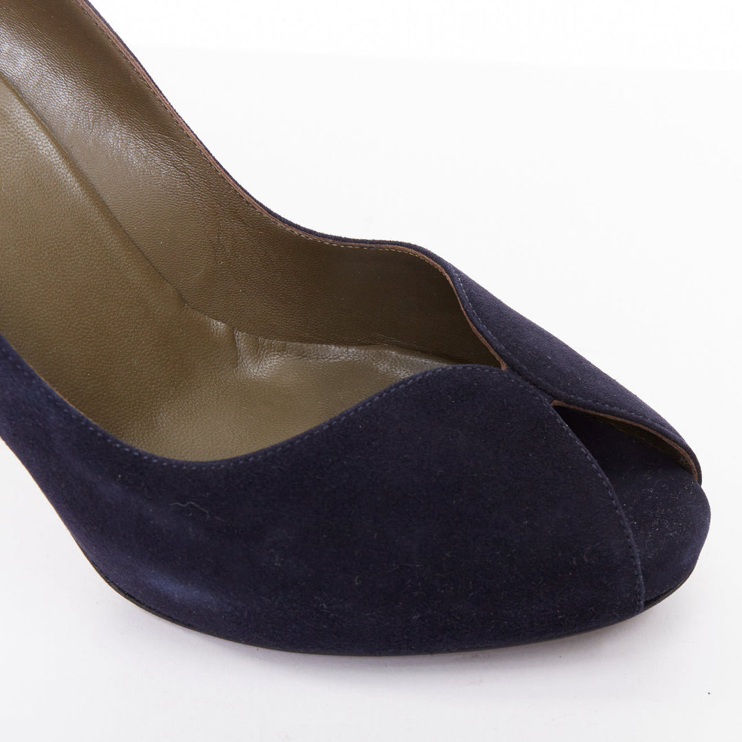 HERMES navy suede leather silk bow tie back spool heeled pumps EU37.5