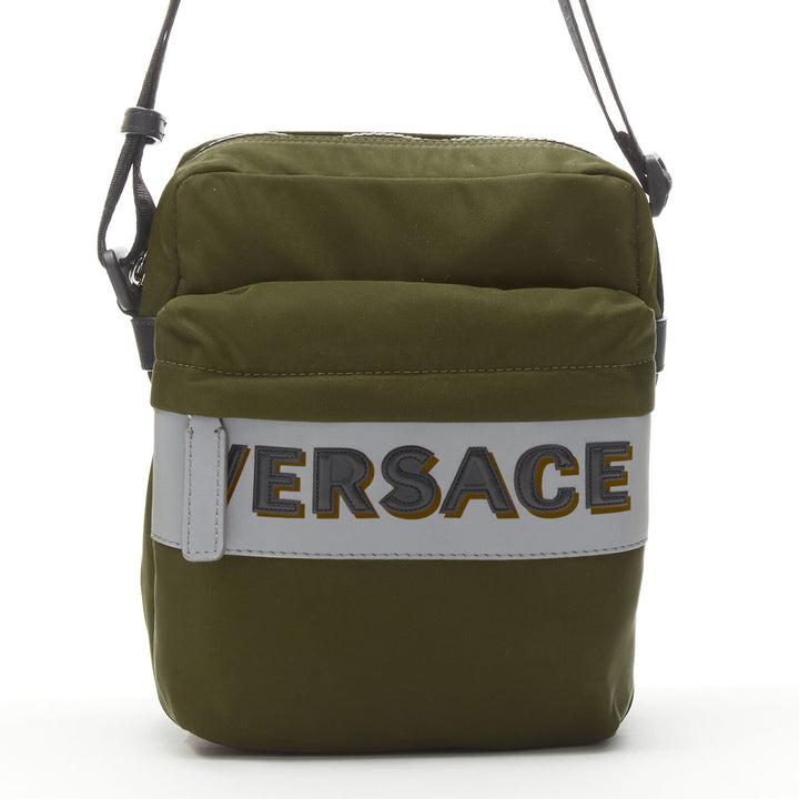 VERSACE reflective logo green nylon Greca strap crossbody messenger bag