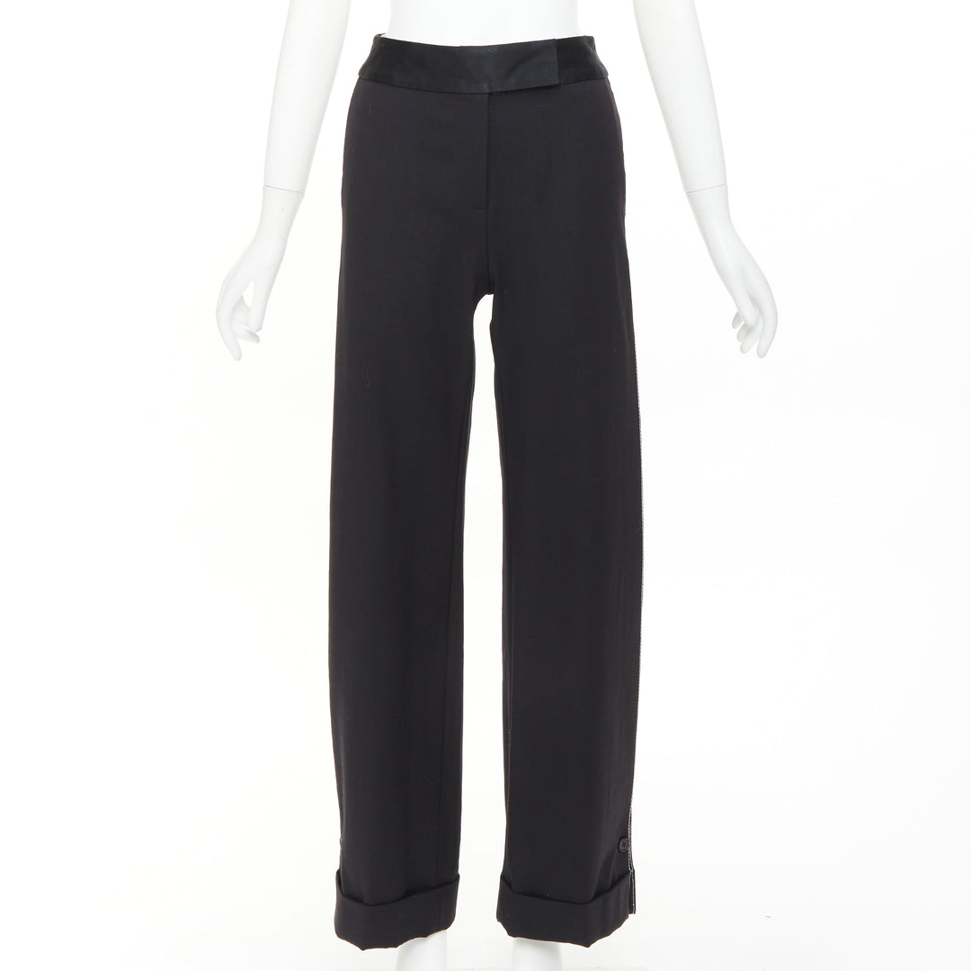 MONSE black virgin wool cream cotton twill logo trim wide leg pants US2 S