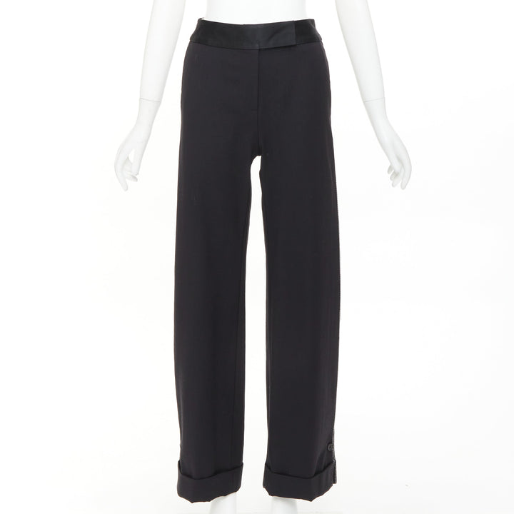 MONSE black virgin wool cream cotton twill logo trim wide leg pants US2 S