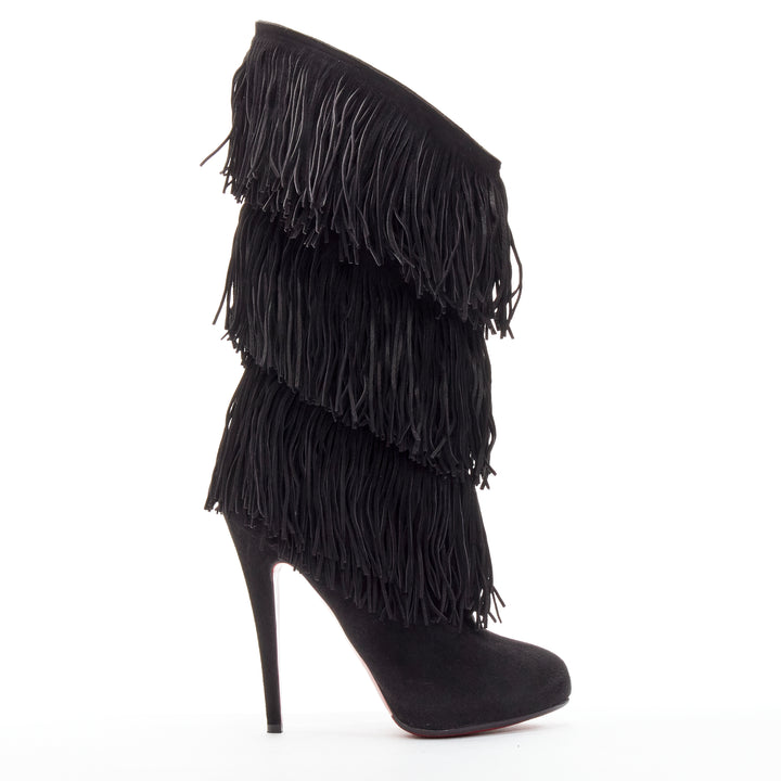 CHRISTIAN LOUBOUTIN Forever Tina 130 black suede fringe platform boots EU37.5