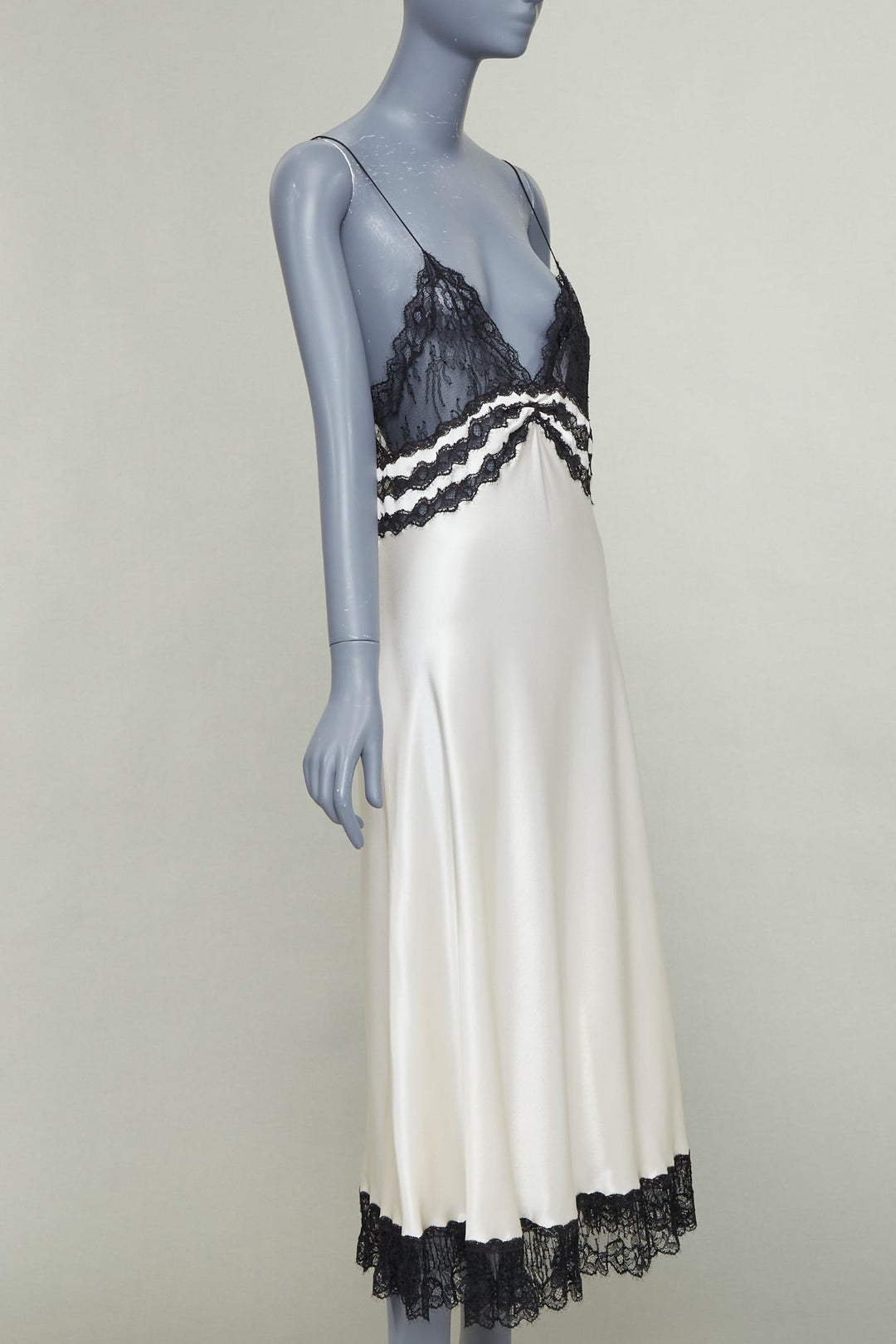 SAINT LAURENT 2022 Runway Bridal black lace ivory silk satin slip dress FR36 S