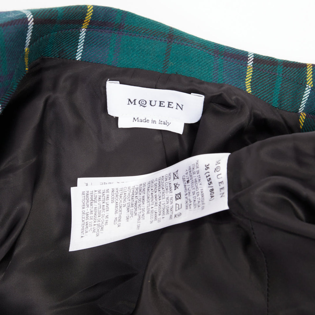 ALEXANDER MCQUEEN 2025 green wool tartan pointed shoulder blazer jacket IT36 XXS