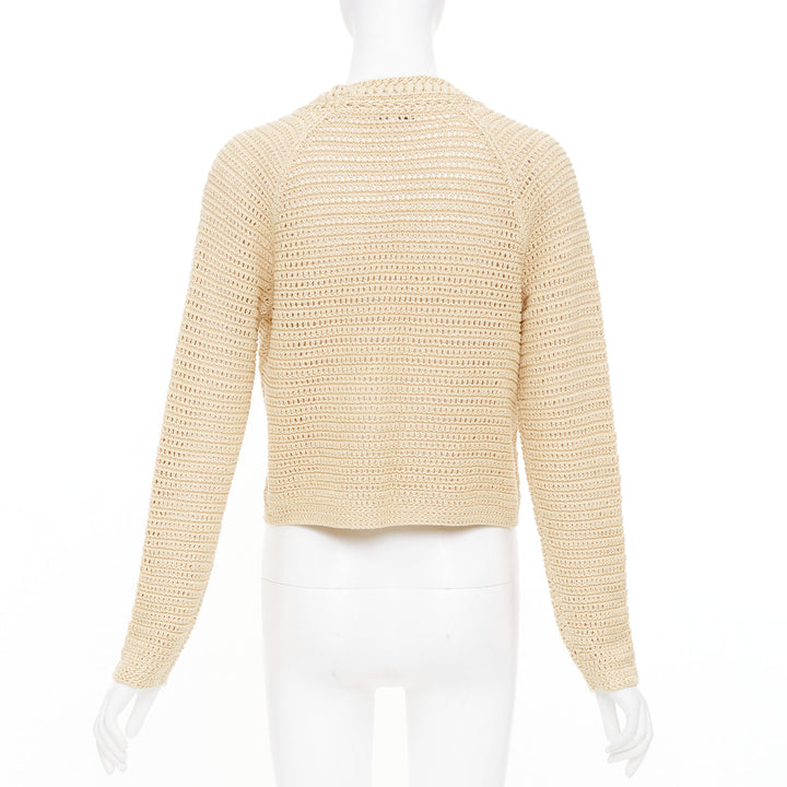 VINCE beige cream nude open work cotton mesh crochet knit button cardigan S