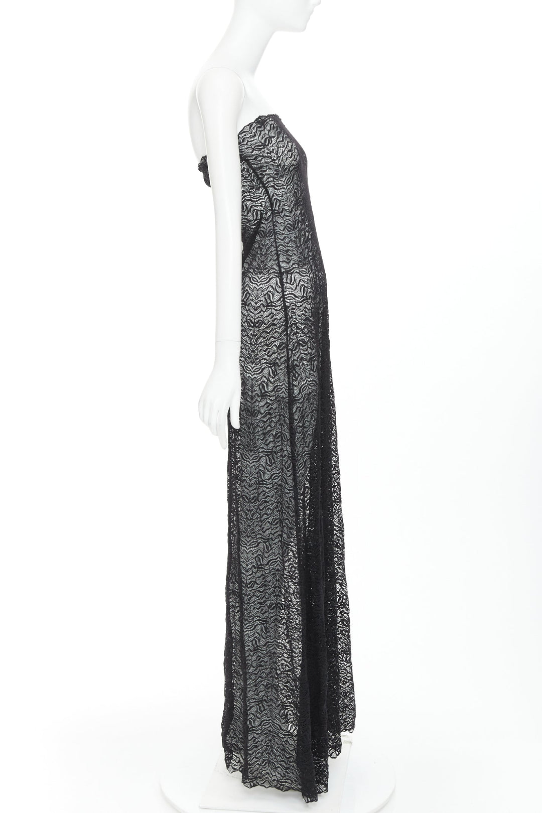 BEAUFILLE Anise black sheer stretch nylon lace knit strapless long dress M