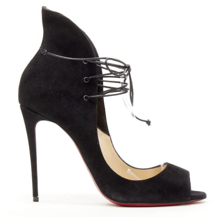 CHRISTIAN LOUBOUTIN Megavamp 120 black suede laced ankle peep heel EU37.5