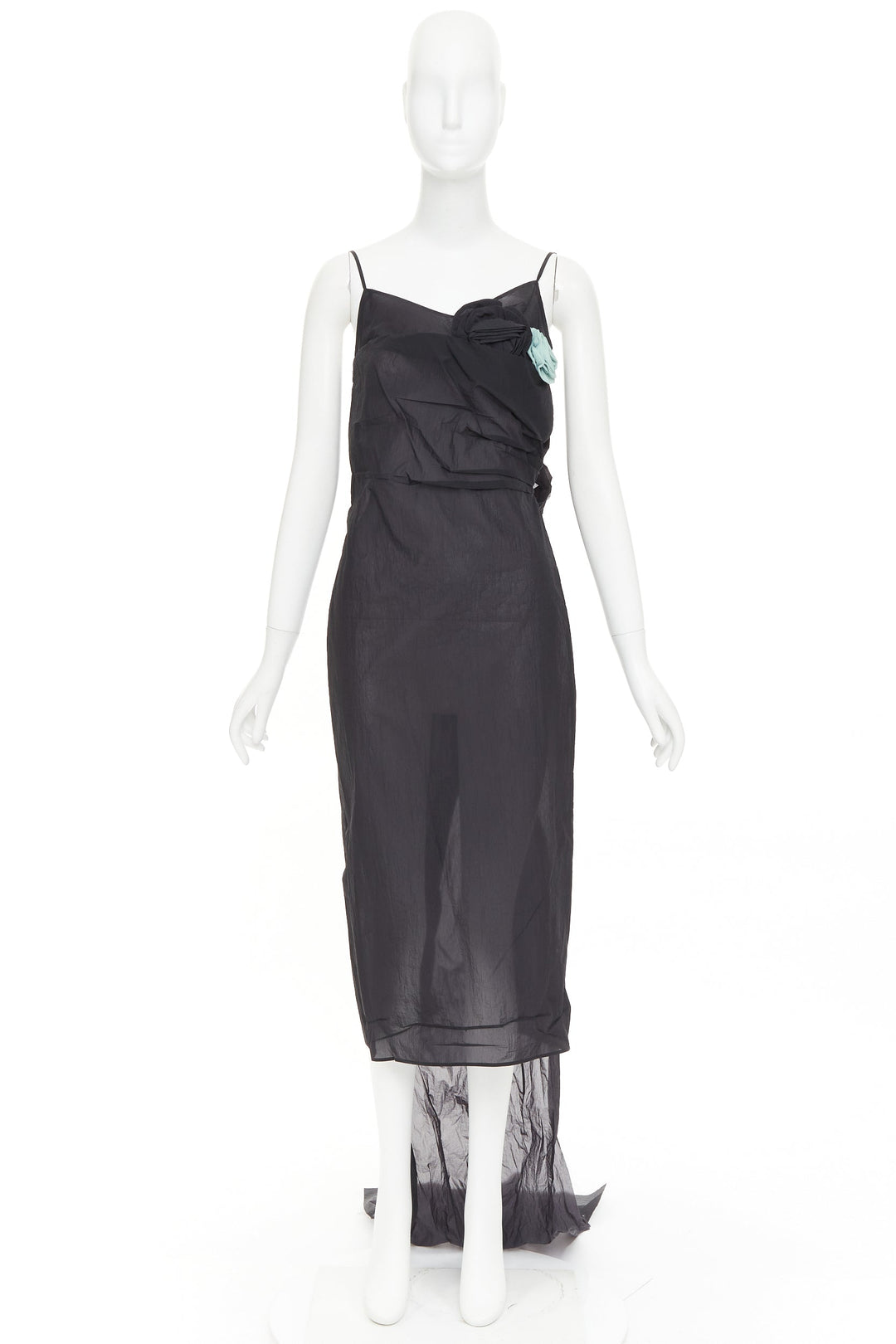 PRADA 2023 Runway black crinkled Re-Nylon crepe rosette draped slip gown IT38 XS
