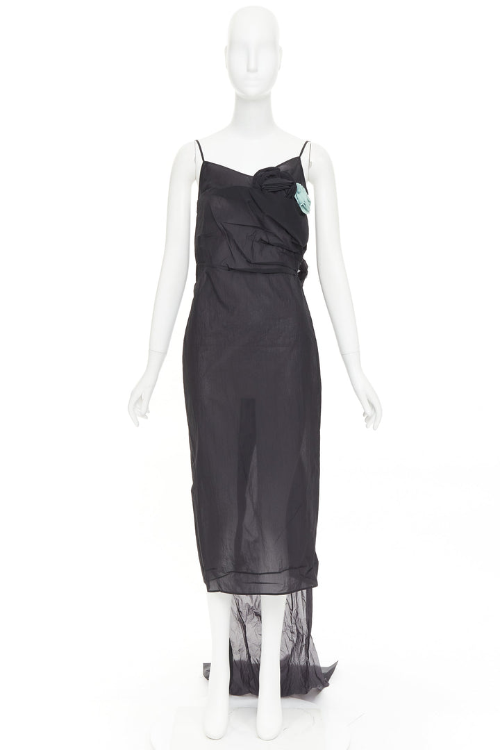 PRADA 2023 Runway black crinkled Re-Nylon crepe rosette draped slip gown IT38 XS