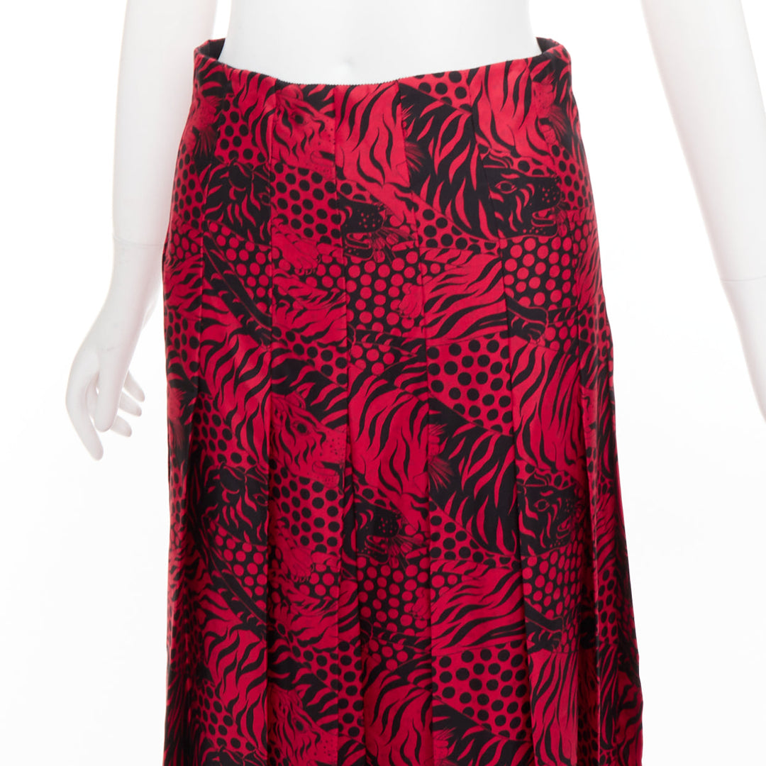 GUCCI 2018 Michele black red 100% silk tiger print pleated midi skirt IT38 XS