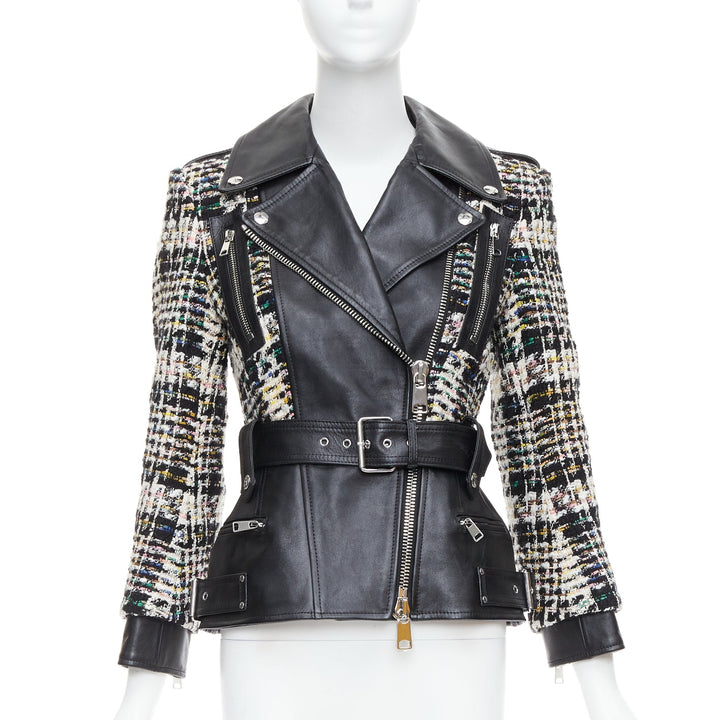 ALEXANDER MCQUEEN 2023 Hybrid punk black leather tweed biker jacket IT36 XXS