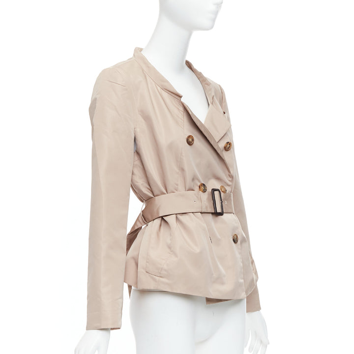 PRADA 2007 beige silk blend panelled double breast belted trench jacket IT38 XS