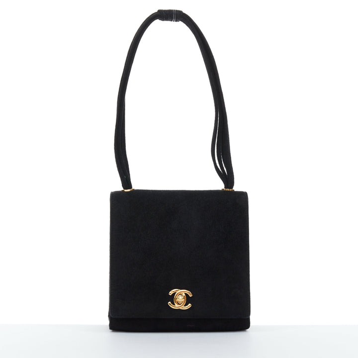 CHANEL 1994 Turnlock Flap Bag black suede triple strap vintage shoulder bag