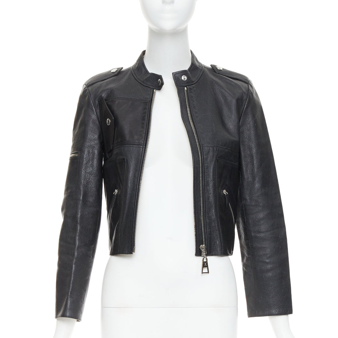 LOUIS VUITTON black goatskin leather LV zip cropped biker jacket FR36 S