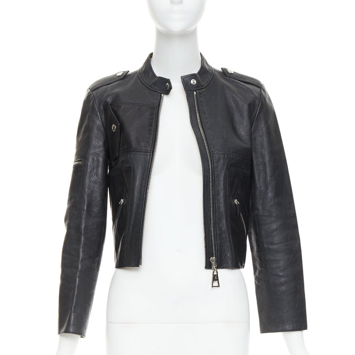 LOUIS VUITTON black goatskin leather LV zip cropped biker jacket FR36 S