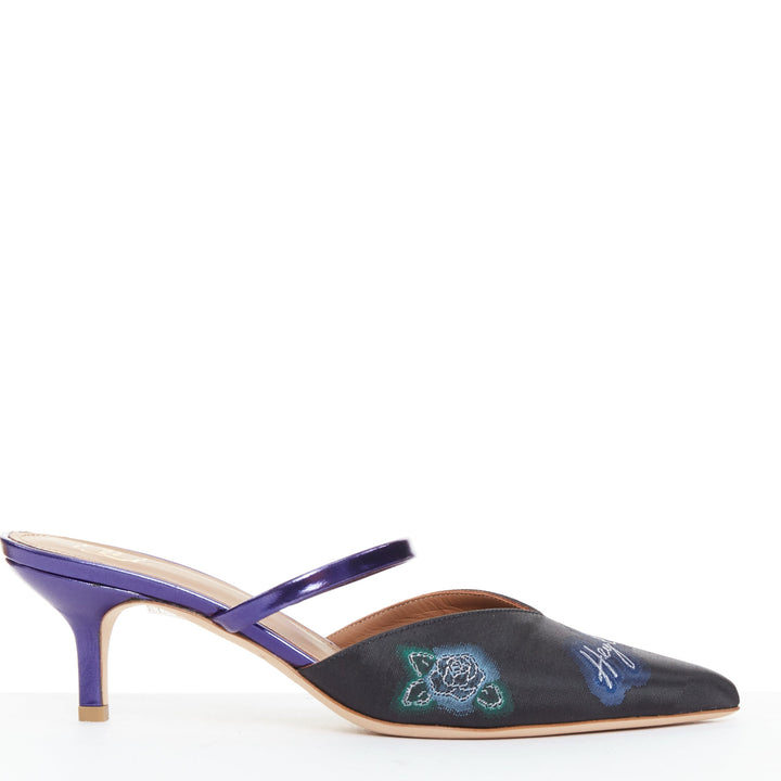 MALONE SOULIERS Marla Hey Lover blue black brocade satin strapped mules EU37