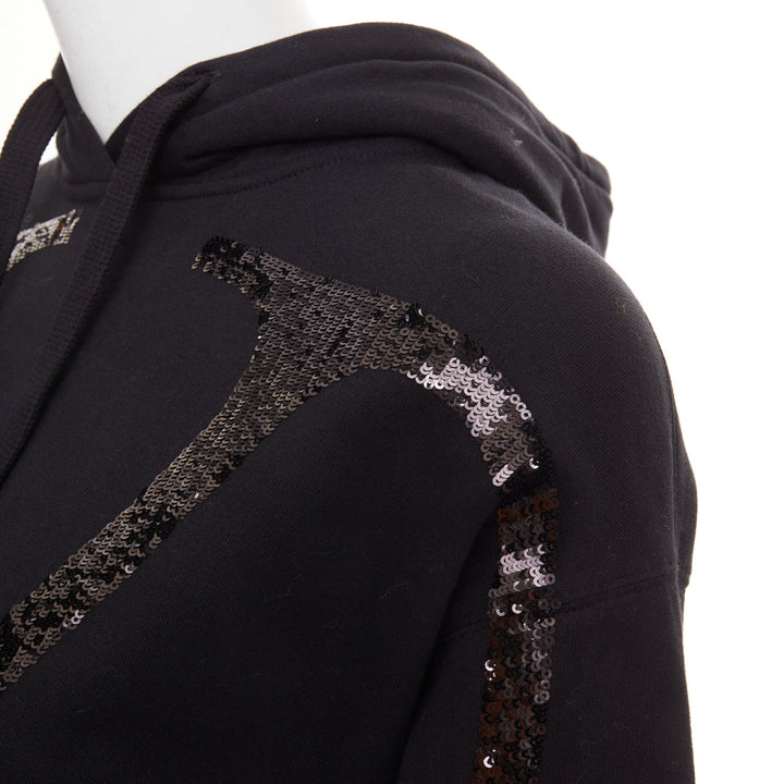 VALENTINO black cotton blend VLogo Signature sequin cropped hoodie XS