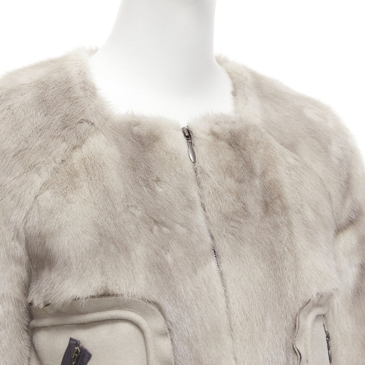 MARNI grey fur rounded short sleeve dual pocket cropped jacket IT38 XS