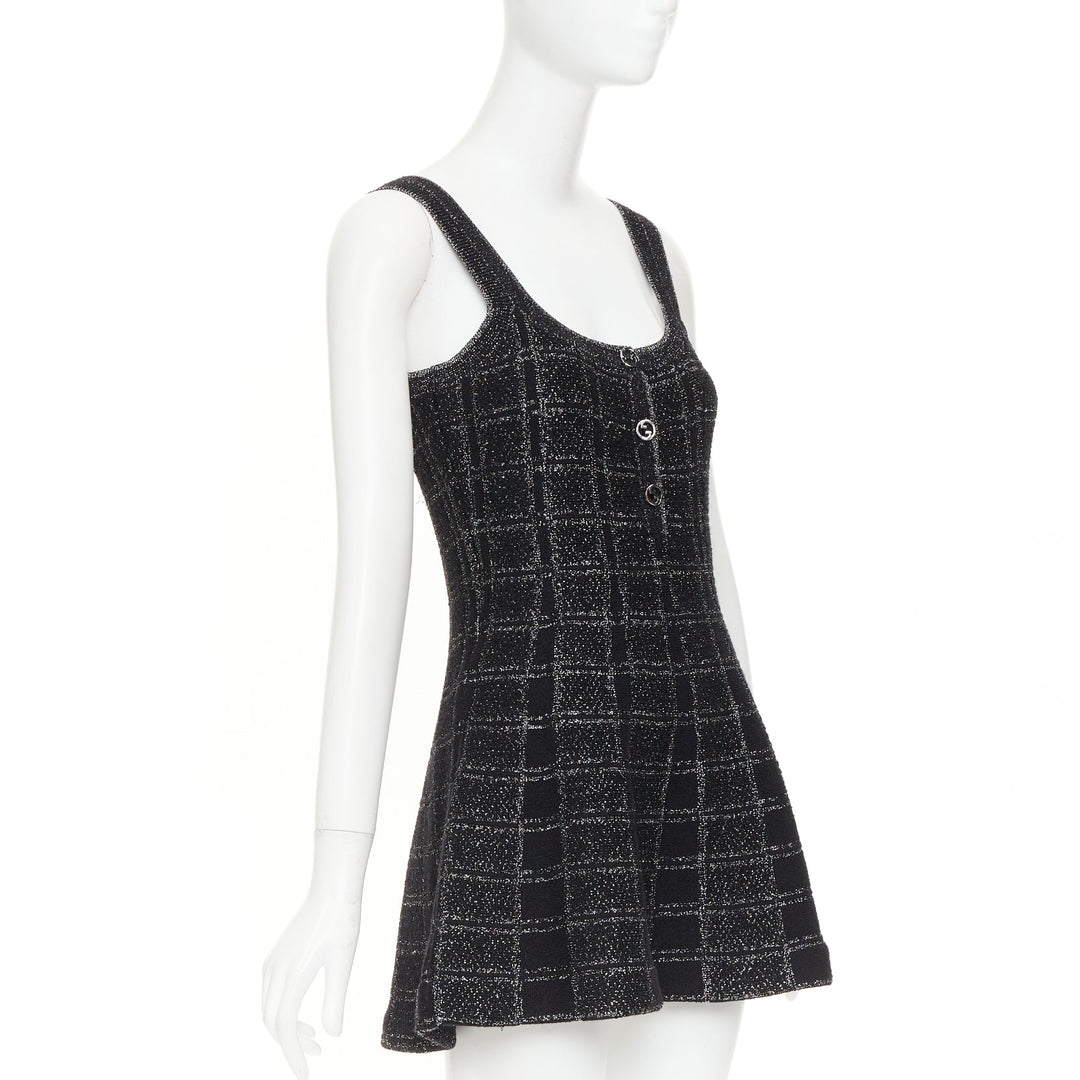 GUCCI 2024 black silver lame check jacquard vintage GG button mini dress XXS