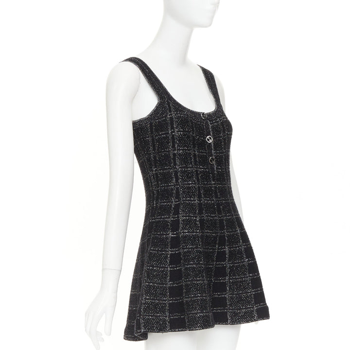 GUCCI 2024 black silver lame check jacquard vintage GG button mini dress XXS