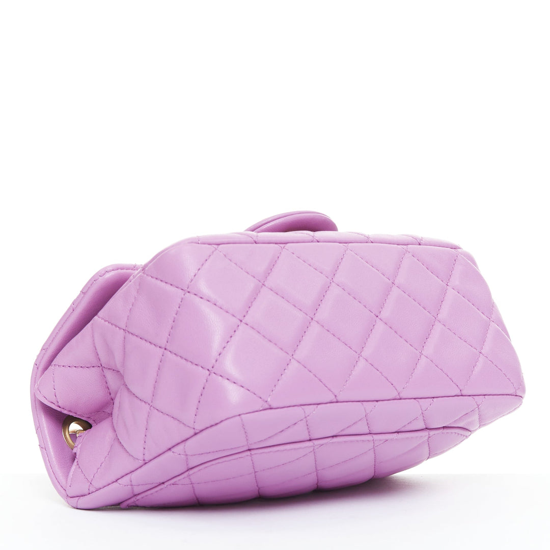 CHANEL Pearl Crush Mini Square Flap purple lambskin age gold globe crossbody bag