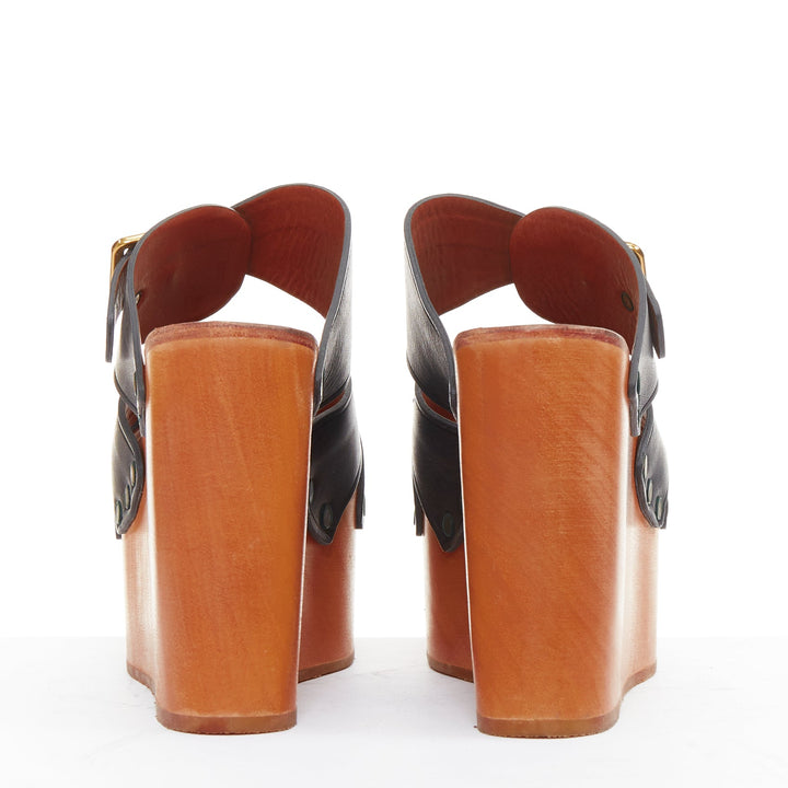 CELINE Phoebe Philo black brown calf wooden platform clog sandals EU37