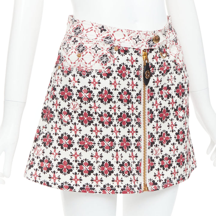 LOUIS VUITTON 2023 Vintage Monogram red cream floral denim zip skirt FR34 XS