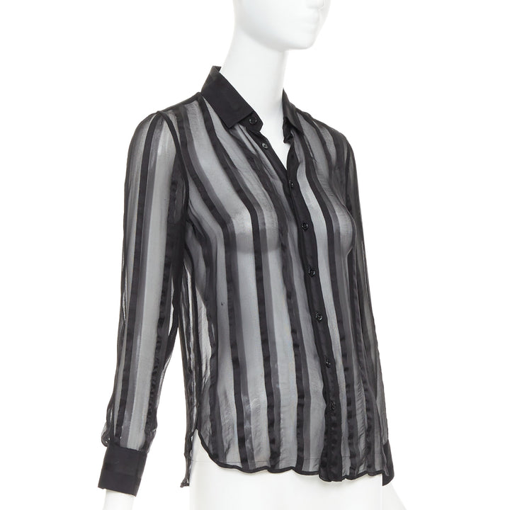 SAINT LAURENT 2013 black 100% silk vertical stripes sheer collared shirt FR36 S