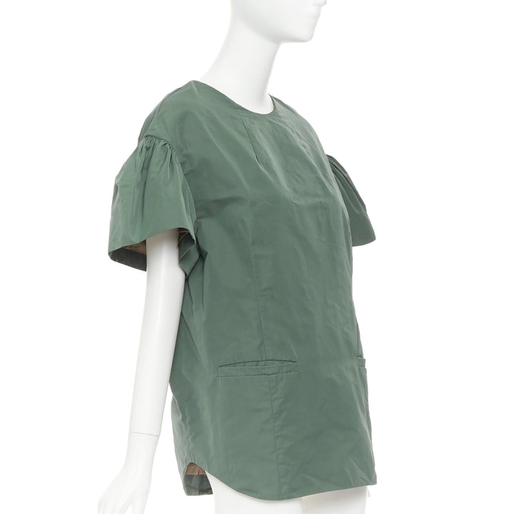 DRIES VAN NOTEN 2017 Runway green taffeta darted neck flutter sleeve top FR36 S