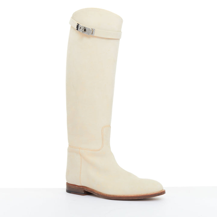 HERMES Jumping Supple light beige suede PHW Kelly buckle riding boots EU37