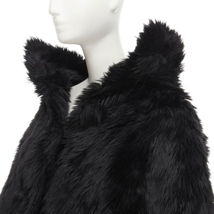 runway BALENCIAGA Demna Runway black faux fur Swing off shoulder coat FR34 XS