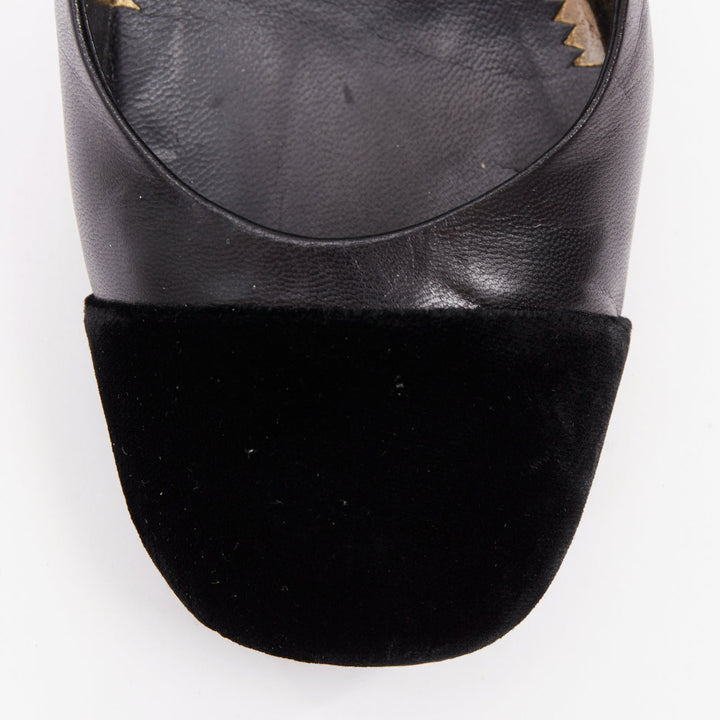 CHANEL black leather silver CC logo velvet toe cap round toe block pumps EU39.5