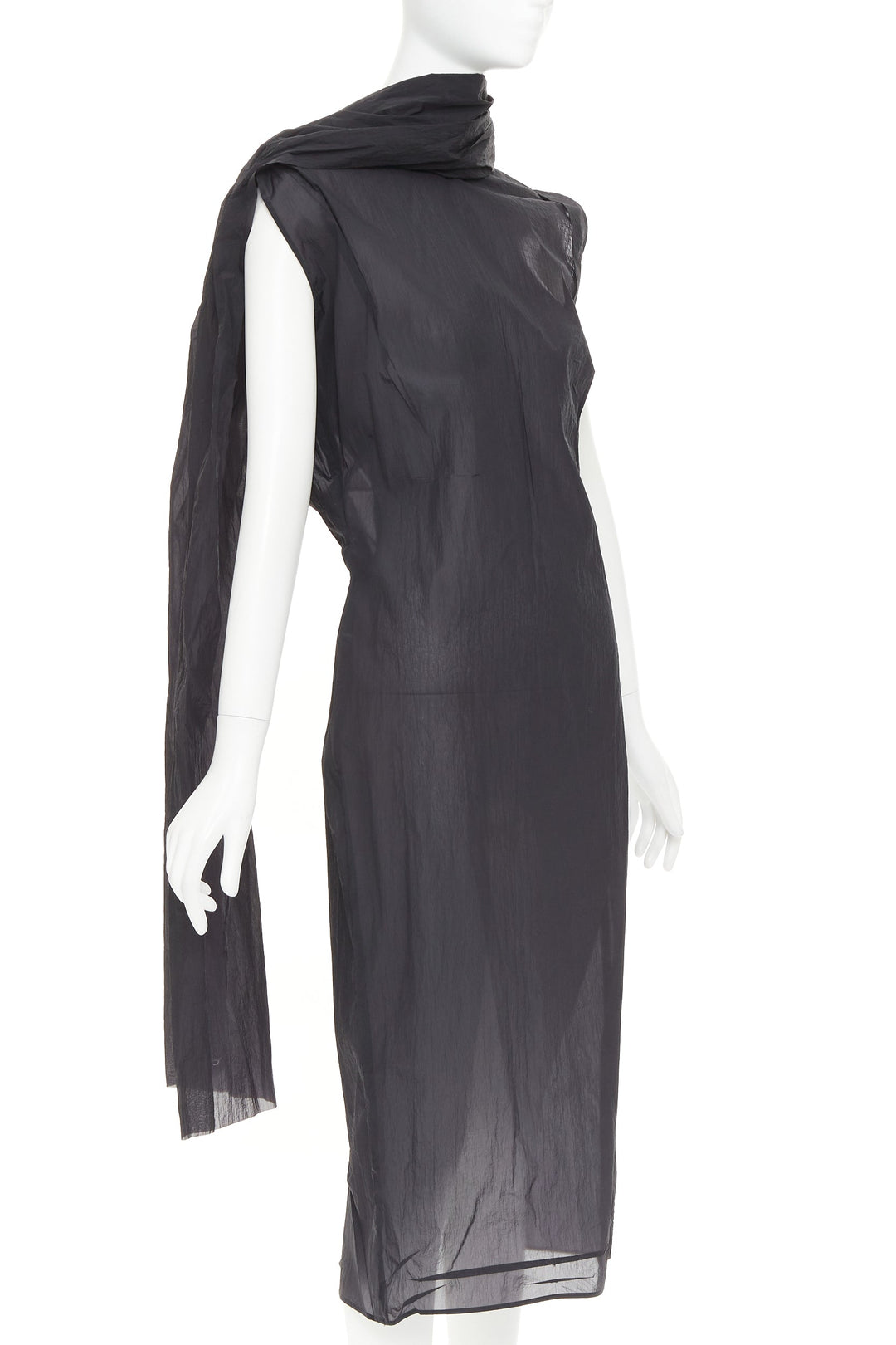 PRADA 2023 black RE-Nylon crinkle scarf rosette dipped back draped dress IT38 XS