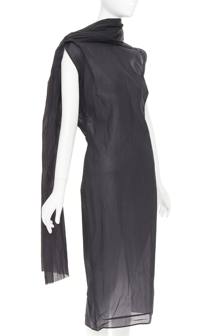 PRADA 2023 black RE-Nylon crinkle scarf rosette dipped back draped dress IT38 XS